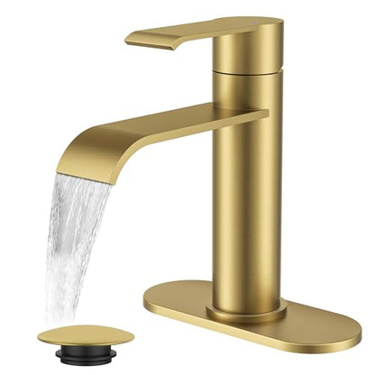 FORIOUS Brushed Gold Bathroom Faucet Single Hole, Gold Waterfall Faucet | 1 Hole Waterfall Bathroom Faucet Gold, Single Handle Gold Vanity Faucet for Bthroom Sink One Hole with Deck Plate and Drain - color: Brushed Gold