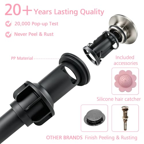 Bathroom Sink Drain with Overflow,Nickel Brushed Bathroom Sink Stopper | Pop Up Drain Assembly with Detachable Basket Stopper,for Bathroom Vanity Vessel Sink,with Silicone Hair Catcher - color: Bathroom Sink Drain -Nickel Brushed