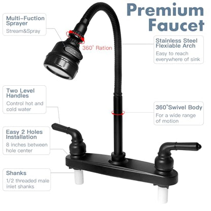 RV Kitchen Faucet,Camper RV Kitchen Sink Faucet Replacement,8 inch 2 Hole | RV Sink Faucet w/ 2 Handles Flexible Spout 360 Swivel Rotatable Tri-Function Sprayer for Motorhome,Trailer,Non-Metallic,Black - color: Black