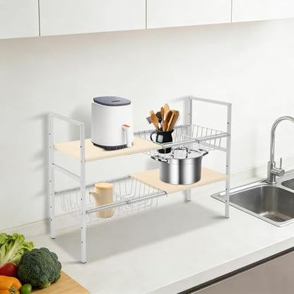 2-Tier Under Sink Organizer, Adjustable 20.9-34.6 Inch, Stainless Steel Cabinet Shelf with 4 Baskets, Cream White (Cream White) - color: Cream White