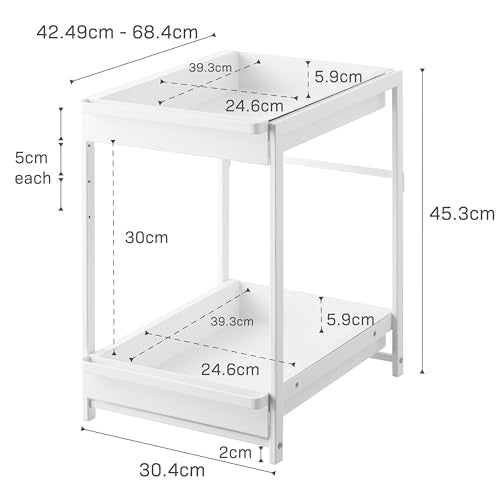 Yamazaki Home Under-Sink Rack, Two-Tier with Pull-Out Shelf, Steel, White | Versatile under-sink rack features a two-tier organization system with sliding drawers. Adds practical everyday storage. - color: White