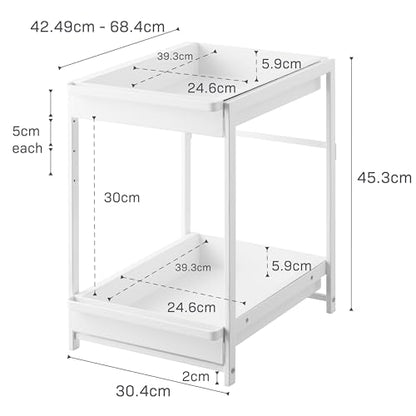 Yamazaki Home Under-Sink Rack, Two-Tier with Pull-Out Shelf, Steel, White | Versatile under-sink rack features a two-tier organization system with sliding drawers. Adds practical everyday storage. - color: White