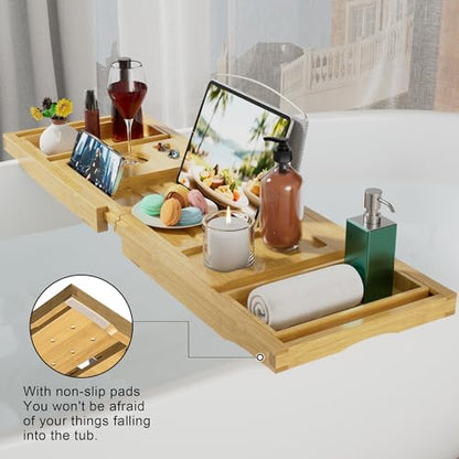 Bathtub Tray Caddy, Expandable Bamboo Bath Tray for Tub | Foldable Bath Table Trays with Non-Slip Pads, Bathroom Spa Accessories, Ideal Gift for New Home & Mom's Birthday, Natural - color: Natural