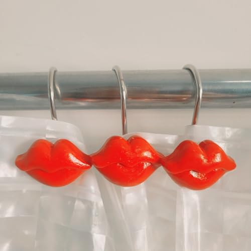 Twofish Home Vermilion Lips Shower Curtain Hooks Vermilion Lips Anti Rust Shower Curtain Hooks Decorative Resin Vermilion Lips Shower Curtain Rings Set of 12 - color: Red