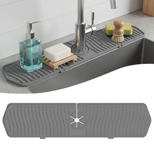 Silicone Faucet Handle Drip Catcher Drying Tray Mat Dish Soap Sponge Holder Accessories Gadgets for Kitchen Counter Bathroom Kitchen Sink Splash Guard (Gray, 24") - size: 24" x 5.5"