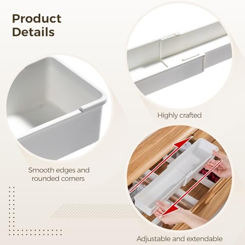 4 Pcs Expandable Drawer Organizers, Adjustable Drawer Dividers, Ideal for Kitchen, Bathroom, Office Utensil, Cutlery, and Office Supply Storage, White