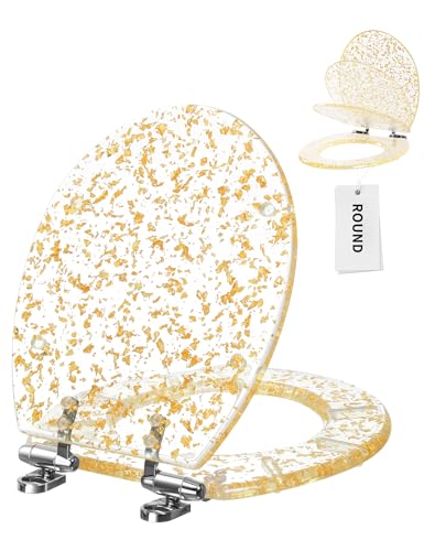 Angol Shiold ROUND Resin Soft Close Toilet Seat Gold Foil 16.5" | Quick Release Heavy Duty Acrylic Decorative Toilet Seats Easy to Install & Clean (Gold Foil) - color: Gold Foil