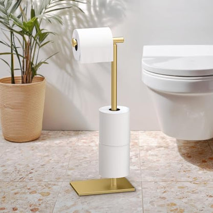 Gatco 1443B, Modern Rectangle Base Freestanding Toilet Paper Holder with Storage, 21.13”H, Brushed Brass - color: Brushed Brass, 21.13"h