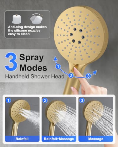 Iriber Brushed Gold Shower head with Handheld,8"+10" Rain Shower Faucet Set | 10 Inch Ceiling +8 Inch Wall Mount Dual Shower Heads,Push Button Diverter Shower System,Pressure Balance Valve - color: Brushed Gold 06