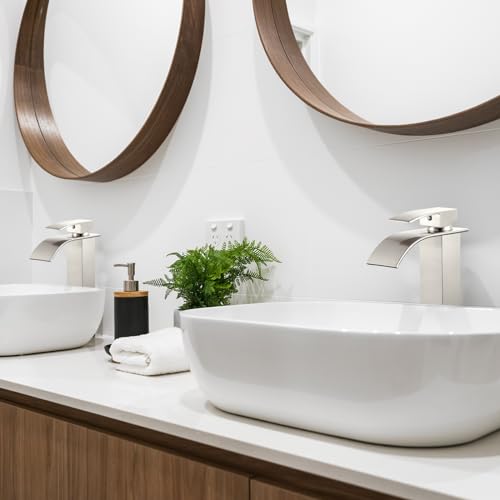 Midanya Waterfall Tall Bathroom Vessel Sink Faucet,Brushed Nickel | with 24” cUPC Water Hoses,Pop Up Drain without Overflow,for 1 hole Vanity,RV,Lavatory,Bowl,Farmhouse,SUS304,Single Handle - color: Nickel