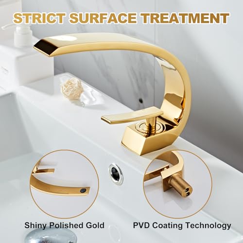 Shiny Polished Gold Bathroom Sink Faucet, Unique Design and Pop Up Drain - color: Shiny Polished Gold