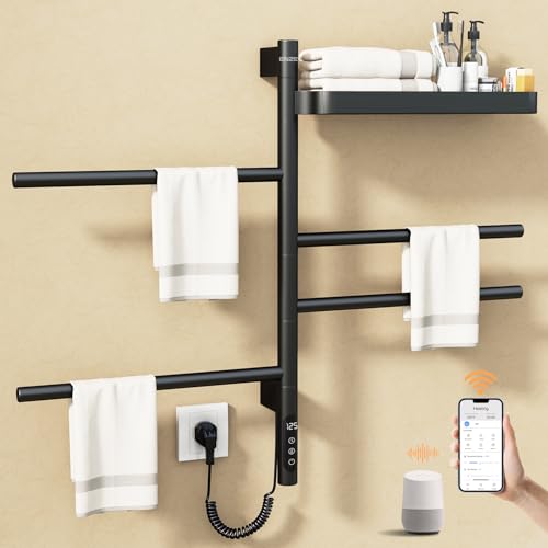 Smart Rotating Heated Towel Rack, 4-Bar, Matte Black | Wall-Mounted Electric Towel Warmer, Swivel Shelf, Wi-Fi App Control, 24H Timer, Stainless Steel - color: Black 17.72"x26.77"
