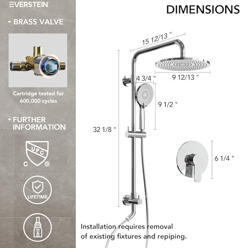 10 Inch High Pressure Rainfall Shower System with Slide Bar, Wall Mount Bathroom Round Shower Faucet Set with Valve, Polished Chrome - color: Polished Chrome