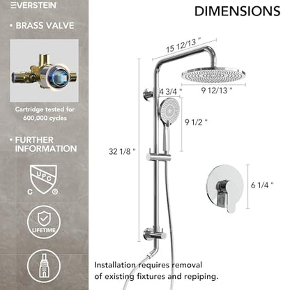 10 Inch High Pressure Rainfall Shower System with Slide Bar, Wall Mount Bathroom Round Shower Faucet Set with Valve, Polished Chrome - color: Polished Chrome