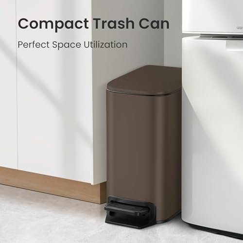 Cesun Small Bathroom Trash Can with Lid, 1.6 Gal, Soft Close, Brown | Step pedal soft close, Slim 5.9in fits narrow spaces, Stainless steel, Anti-fingerprint, Removable inner bucket, Odor seal - color: Brown
