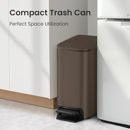 Cesun Small Bathroom Trash Can with Lid, 1.6 Gal, Soft Close, Brown | Step pedal soft close, Slim 5.9in fits narrow spaces, Stainless steel, Anti-fingerprint, Removable inner bucket, Odor seal - color: Brown