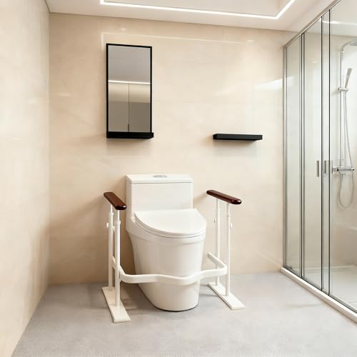 Toilet Safety Rails for Seniors - Toilet Safety Frame with Dual Pillars, Waterproof Nighttime Reflective Base, 3-Speed Height Adjustment (Brown, Double Pillar) - color: Brown