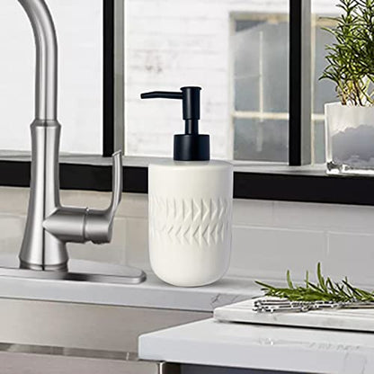White Soap Dispenser with Matte Black Pump for Bathroom,Cylindrical Lotion Dispenser,12oz Ceramic Relief Hand Dish Soap Dispenser,Refillable Liquid Dispenser for Kitchen (Relief White) - color: Relief White