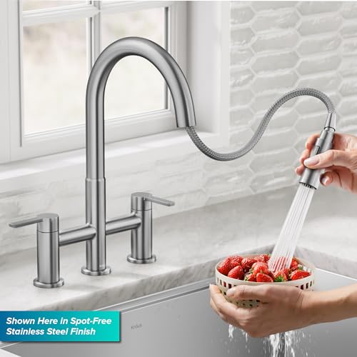KRAUS Oletto Bridge Kitchen Faucet with Pull-Down Sprayhead in Matte Black, KPF-3122MB - color: Matte Black, style: Bridge Faucet