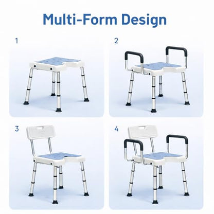 4-in-1 Shower Chair for Inside Shower with Arms and Back, HSA/FSA Eligible, 400lbs Capacity Height Adjustable U-Shaped Seat for Seniors Elderly Easy Bathing Tool-Free Assembly