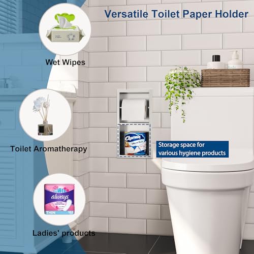 Qeke Recessed Toilet Paper Holder, Dual Rolls Tissue Toilet Holder, Brushed | 304 Stainless Steel, Rustproof & Durable, Space-saving, in Wall Tissue Holder for Bathroom & RV - color: Brushed Nickel