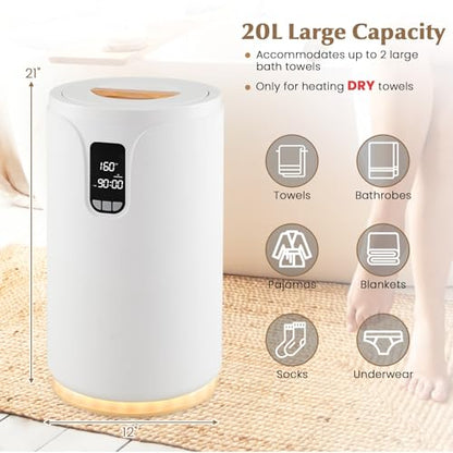 Giantex Towel Warmer Bucket for Bathroom, 20L Large Blanket Warmer with 0.5-24H Delay Timer, 30/60/90 Mins Heating Time & LED Light, Luxury Hot Towel Heater for Two 45" x 70" Oversized Towels, Bathrob