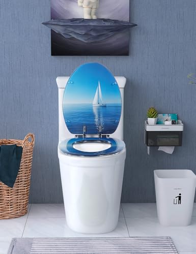 Angol Shiold ELONGATED Resin Soft Close Toilet Seat Sailboat 18.5Inch | Quick Release Heavy Duty Acrylic Decorative Toilet Seats Easy to Install&Clean (Blue Sailboat ) - color: Oceanic Sailer