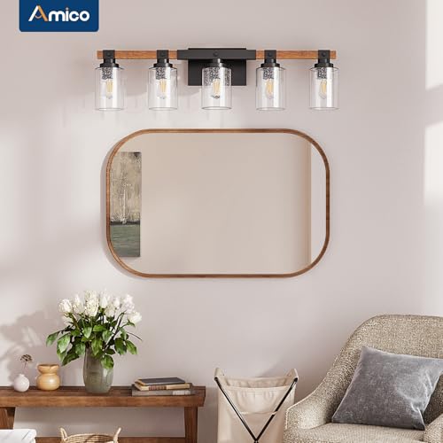 Amico 5-Light Farmhouse Bathroom Vanity Light, Seeded Glass, Black & Wood | Bubble Glass Shade Wall Sconce, Over Mirror Lighting for Bathroom, Bedroom, Living Room, Hallway, Powder Room, Entryway - size: 5-Light