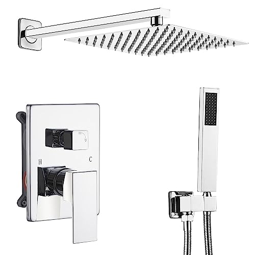 Rain Shower System Set with 10 Inch Large Shower Head High Pressure 2 Function Recessed Shower Valve Mixer Chrome Surface for Bathroom Remodel, Chrome - color: Polished Chrome, style: 10"- 2 Function