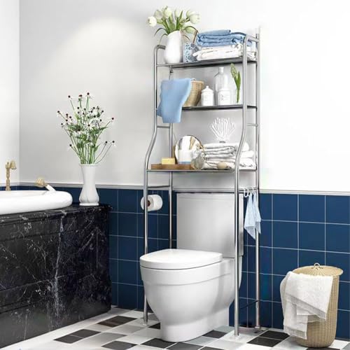 3-Tier Over The Toilet Storage, Freestanding Metal Bathroom Shelves, Above Toilet Storage Rack with Hooks and Paper Holder, Space-Saving, for Bathroom Restroom Laundry, Stainless Steel - color: Stainless Steel, size: 3 Layers