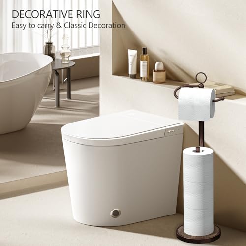 Toilet Paper Holder Free Standing with Storage 4 Rolls Stainless Steel Toilet Paper Holder Stand with Weighted Wood Grain Base Space-Saving Tissue Roll Holders for Bathroom Black & Bronze (Bronze)