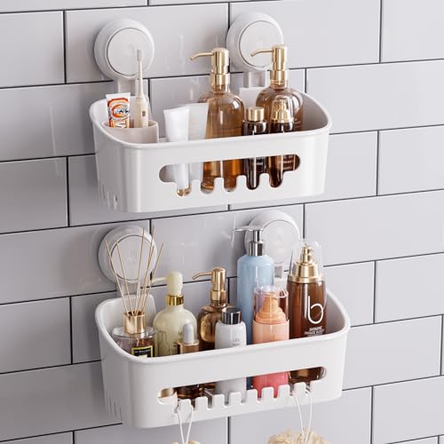 TAILI Shower Caddy Suction Cup 2 Pack, Heavy Duty Bathroom Organizer, Removable Shelves for Inside Shower, Shampoo, Waterproof Suction Plastic Storage for Bathroom Accessories Holder, White - style: 2 × White(M&L)