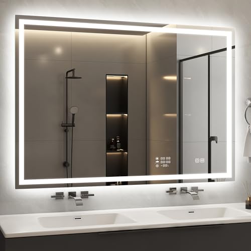 STARLEAD 40"x28" LED Bathroom Mirror with Built-in Clock, Dimmable Lighting, 3 Color Temperature, Anti-Fog, Touch Control Wall Mounted Vanity Mirror - color: Silver-clock, size: 40"L x 28"W