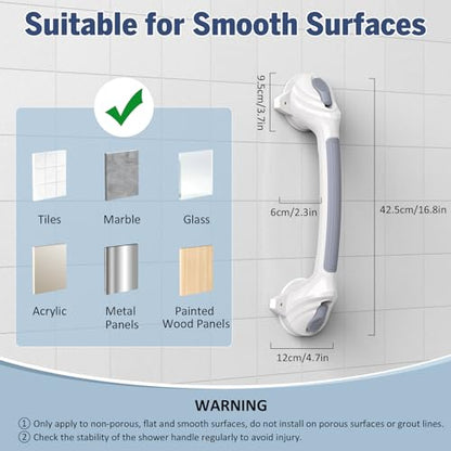 Roylvan 16.8 Inch Grab Bars for Shower with Suction Cups, Drill Free, 1 PCS | Removable & Waterproof Shower Handles for Elderly and Seniors, Shower Safety Handrail for Bathroom, Bathtub