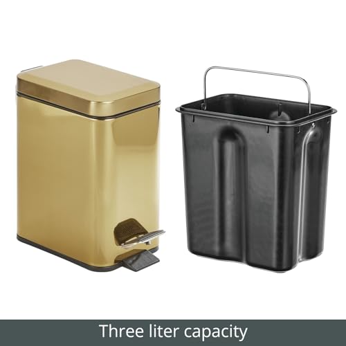 mDesign Slim Metal Rectangle 0.8 Gallon Trash Can with Step Pedal, Easy-Close Lid, Removable Liner - Narrow Wastebasket Garbage Container Bin for Bathroom, Bedroom, Kitchen, Office - Soft Brass - color: Soft Brass, size: .8 Gallon