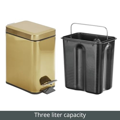 mDesign Slim Metal Rectangle 0.8 Gallon Trash Can with Step Pedal, Easy-Close Lid, Removable Liner - Narrow Wastebasket Garbage Container Bin for Bathroom, Bedroom, Kitchen, Office - Soft Brass - color: Soft Brass, size: .8 Gallon