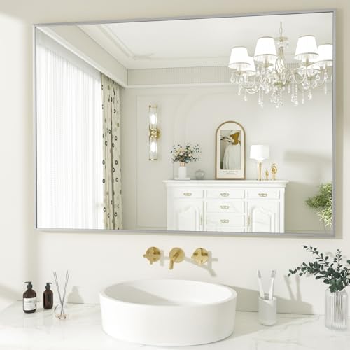 Silver Mirror 24"x36" Bathroom Mirrors for Over Sink Brushed Nickel Bathroom Mirrors for Over Sink 24x36 Bathroom Vanity Mirror Silver Bathroom Brushed Nickel Frame Wall - color: Silver, size: 36"L x 24"W