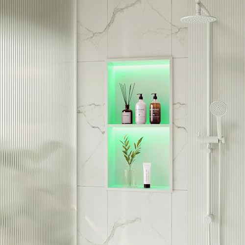 2-Tiers 12x24 Wall Niche with RGB LED Light Strips, White Shower Niche Cabinet, Stainless Steel Bathroom Shelf, NO Tile Needed Recessed Cubby Storage Organizer - color: White, size: 12X24In