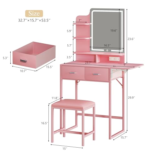 ALEXNUTRE Vanity Desk with Mirror and Lights, Small Vanity with Fabric Storage Drawer & Chair & Shelves, Makeup Vanity with Fold-up Panel and Power Outlet for Bedroom - style: Pink