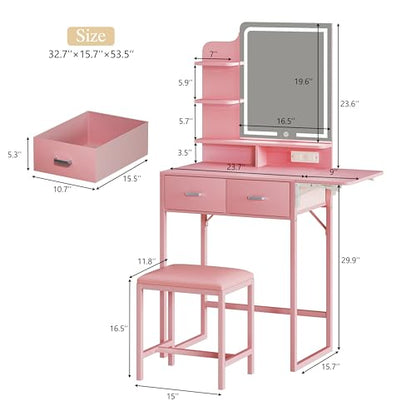 ALEXNUTRE Vanity Desk with Mirror and Lights, Small Vanity with Fabric Storage Drawer & Chair & Shelves, Makeup Vanity with Fold-up Panel and Power Outlet for Bedroom - style: Pink