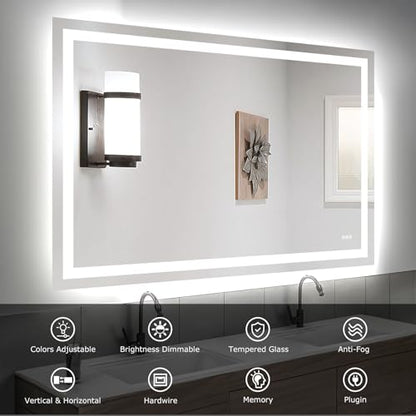 Hivone 60"X40" LED Bathroom Mirror with Lights, Anti-Fog, Dimmable, Backlit + Front Lit, Smart Bathroom Vanity Mirror, Memory Function, Shatterproof, Tempered Glass (Horizontal/Vertical) - size: 60"L x 40"W