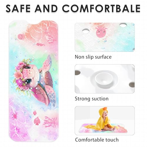 Cute Pink Sea Turtle Bathtub Shower Mat Marine Life Ocean Flower Non-Slip Tub Mat Extra Long Bath Floor Mats 40X16 Inch Machine Washable for Bathroom Tub Bath Mat for Toddler and Baby - color: Pink Sea Turtle