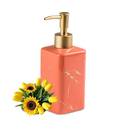 Marble Soap Dispenser for Bathroom Countertop, Square Pink Dish Soap Dispenser Pump Bottle with Golden Stripes for Kitchen Sink Laundry Shower Lotion, Ceramic Hand Dispenser Pump for Soap Liquid - color: Pink