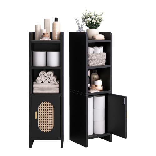 Small Bathroom Storage Cabinet, Narrow and Slim Storage Cabinet with Rattan Door and Adjustable Shelves, Corner Floor Bathroom Organizers and Storage for Small Space, Black HSC001B - color: Black