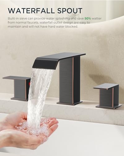 FORIOUS Bathroom Faucets 3 Hole 8 Inch Widespread Sink Oil Rubbed Bronze | 3-hole 4-12 Inch Widespread Sink, Square Waterfall Spout, with Drain and Hoses,for Vanity Rv Commercial Lavatory Restroom - color: Oil Rubbed Bronze