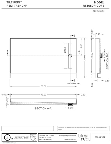 Redi Trench 36 In x 60 In Single Curb Tileable Shower Pan with Right Drain and Linear Brushed Nickel Grate - color: Right Drain, Single Curb, Brushed Nickel
