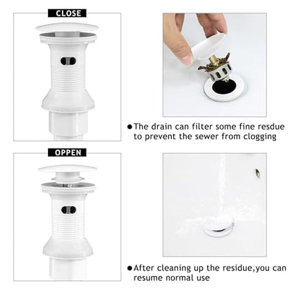 Bathroom Sink Drain,Drain Stopper Bathroom Sink with Overflow,Pop Up Drain Assembly with Detachable Strainer Basket,Built-in Anti-Clogging, Stainless Steel Nut White - color: White-big Cap, style: With Overflow