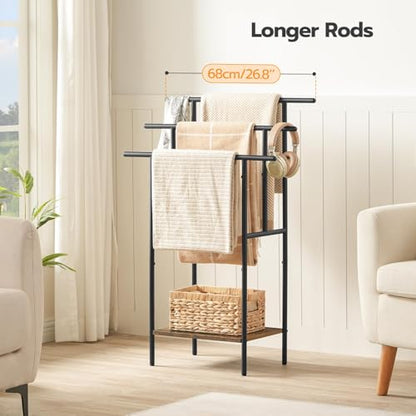 HOOBRO 39.4" Tall Freestanding Towel Rack for Bathroom, 3 Tier Stepped Blanket Rack with Shelf, Oversized Bath Towels Drying and Display Rack, Black and Rustic Brown BF50LB01 - color: Rustic Brown + Black