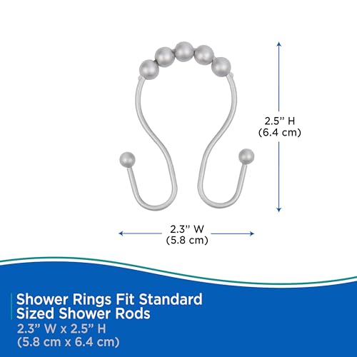 Kenney KN67124 Rust-Proof Gliding Aluminum Beaded Shower Curtain Rings with Double Hanging Hooks for Shower Curtain and Standard Shower Curtain Rod, Bathroom Use, Easy to Install, 12-Pack, Matte Gray