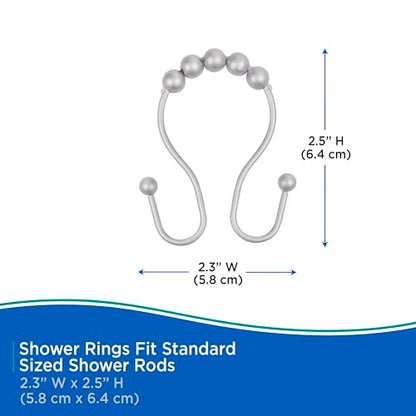 Kenney KN67124 Rust-Proof Gliding Aluminum Beaded Shower Curtain Rings with Double Hanging Hooks for Shower Curtain and Standard Shower Curtain Rod, Bathroom Use, Easy to Install, 12-Pack, Matte Gray